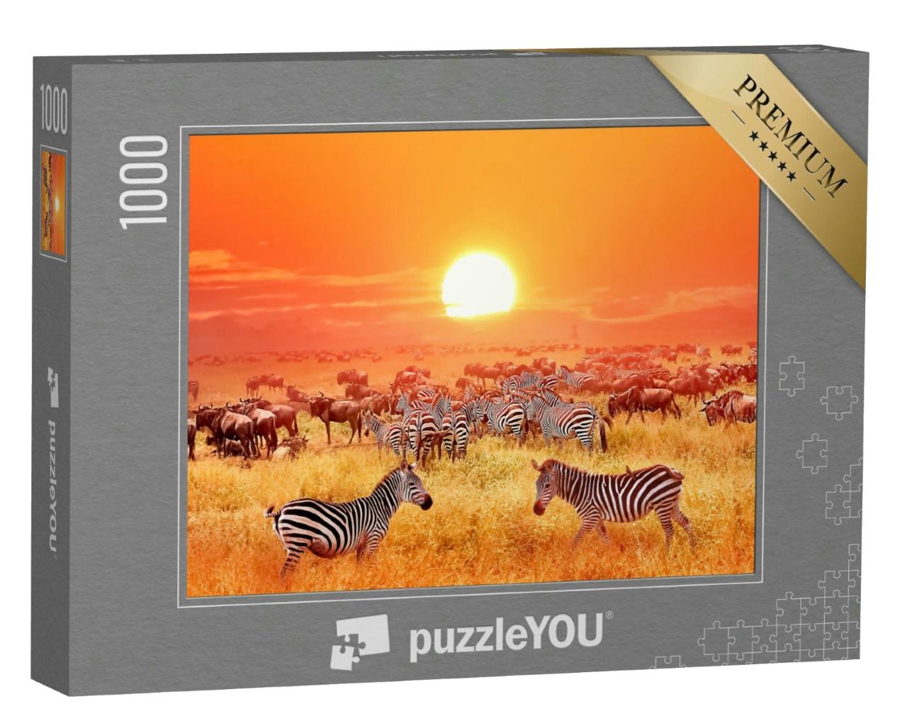 Puzzle 1000 Teile „Zebras und Antilopen bei Sonnenuntergang, Serengeti-Nationalpark“
