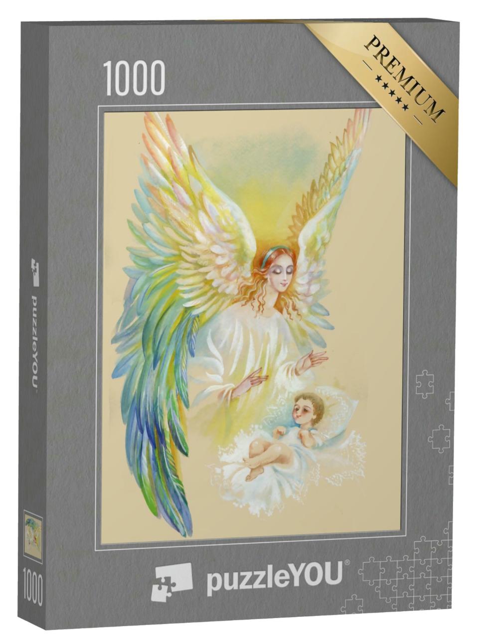 Puzzle 1000 Teile „Engel mit Flügeln fliegt über Kind, Aquarell-Illustration“