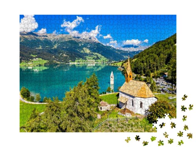 Puzzle 1000 Teile „St. Anna-Kapelle und versunkener Glockenturm von Curon, Vinschgau, Südtirol“