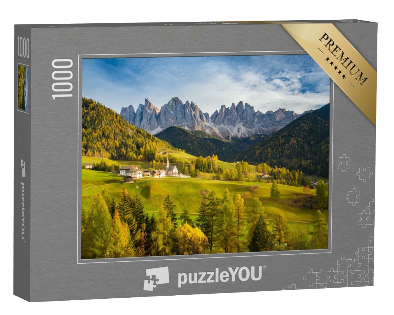 Puzzle 1000 Teile „Bergdorf Santa Maddelana im schönen Abendlicht, Dolomiten“