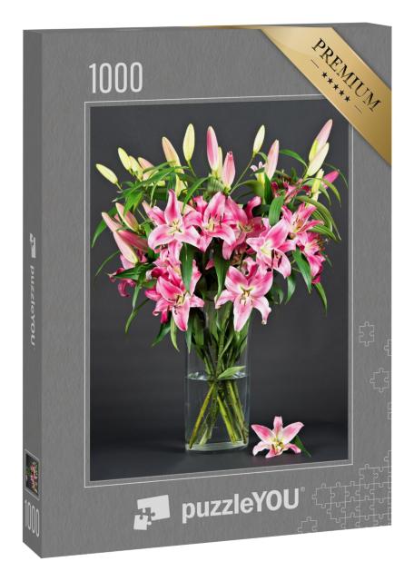 Puzzle 1000 Teile „rosa Lilienblüten auf schwarzem Hintergrund“