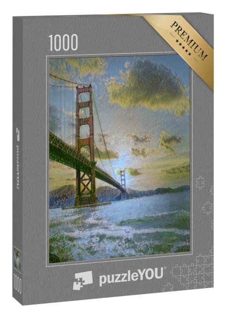 Puzzle 1000 Teile „im Kunst-Stil von Claude Monet - Golden Gate Bridge im Sonnenuntergang - Puzzle-Kollektion Künstler & Gemälde“