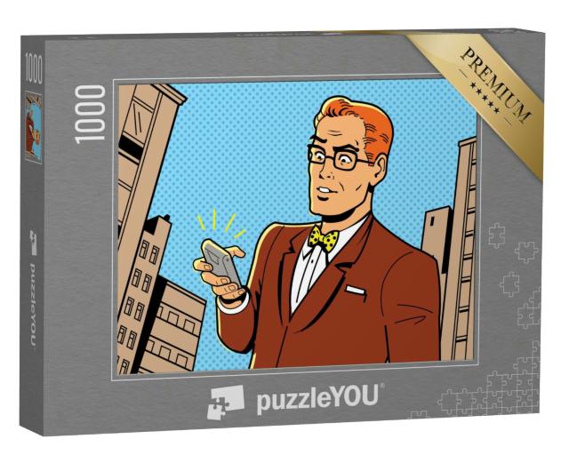 Puzzle 1000 Teile „Ironische Illustration: Retro-Mann mit modernem Smartphone“