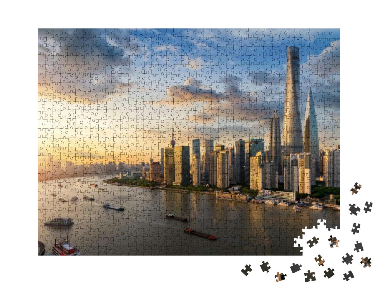 Puzzle 1000 Teile „Blick über den Huangpu-Fluss auf die moderne Skyline von Shanghai“