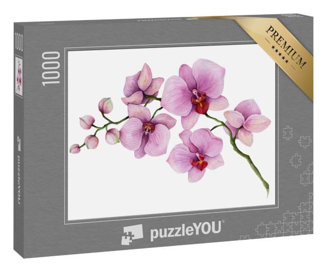 Puzzle 1000 Teile „Handgezeichnetes Aquarell: Ein Orchideenzweig auf weißem Hintergrund“
