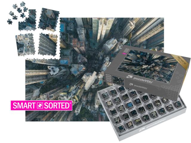 SMART SORTED® | Puzzle 1000 Teile „Beeindruckende Ansicht von oben: Wolkenkratzer von Hongkong“