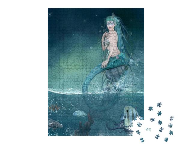 Puzzle 1000 Teile „Digitale Kunst: Fantasy-Meerjungfrau auf einem Felsen“