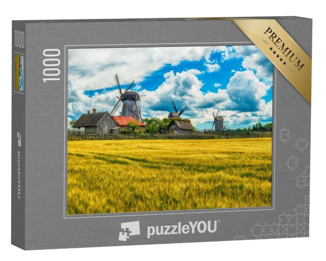 Puzzle 1000 Teile „Sommerfelder und Angla-Windmühlen auf der Insel Saarema, Estland“