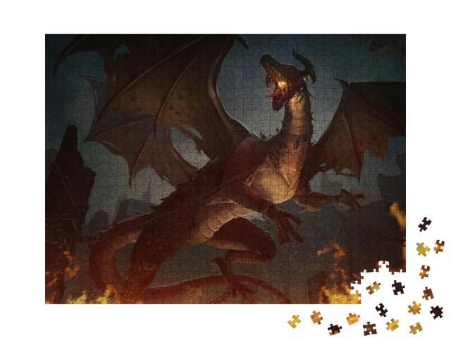Puzzle 1000 Teile „Kunst-Illustration des dunklen karminroten Drachen mit Burg und Flammen“