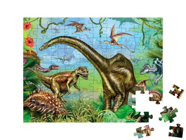 Puzzle 100 Teile „Alte Tropenlandschaft: Welt der beeindruckenden Dinosaurier“