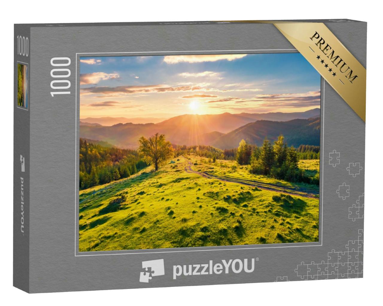 Puzzle 1000 Teile „Straße in den Sonnenaufgang der Karpaten, Ukraine“