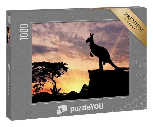 Puzzle 1000 Teile „Silhouette eines Kängurus auf einem Hügel bei Sonnenuntergang“