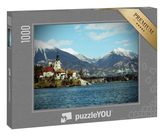 Puzzle 1000 Teile „Kirche auf der Insel Bled vor schneebedeckten Bergen, Slowenien“