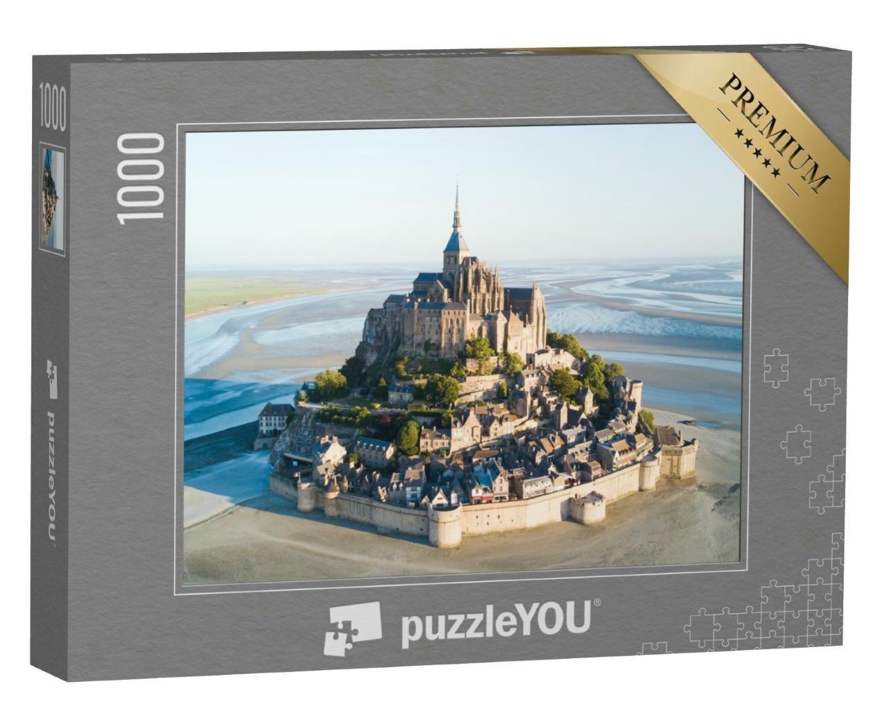 Puzzle 1000 Teile „Die Gezeiteninsel Le Mont Saint-Michel in der Abenddämmerung, Normandie, Frankreich“