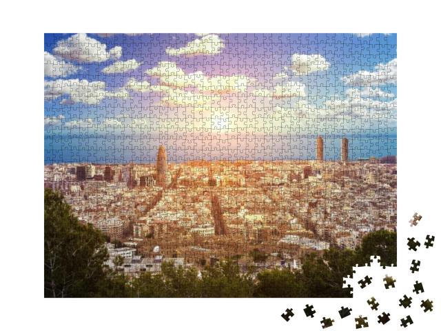 Puzzle 1000 Teile „Panoramablick auf das Meer und die Stadt Barcelona, Spanien“