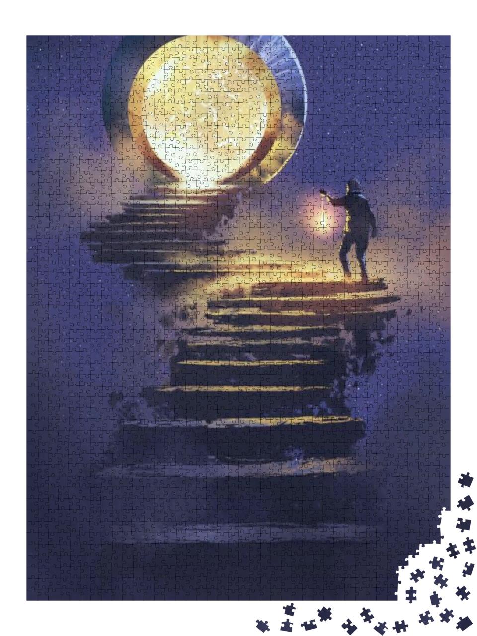 Puzzle 2000 Teile „Mann mit einer Laterne auf Steintreppe, die zu einem Fantasietor führt“