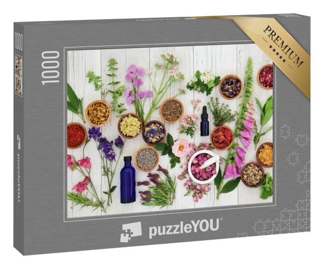 Puzzle 1000 Teile „Natürliche Kräutermedizin: Auswahl an Kräutern und Blumen in Holzschalen“