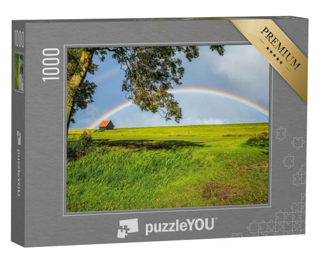 Puzzle 1000 Teile „Regenbogen über einer hügeligen Weide“