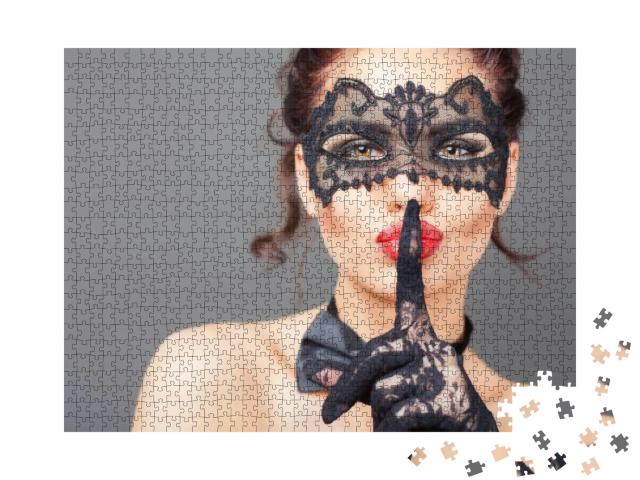 Puzzle 1000 Teile „Geheimnisvoll: Sexy Frau mit venezianischer Karnevalsmaske“