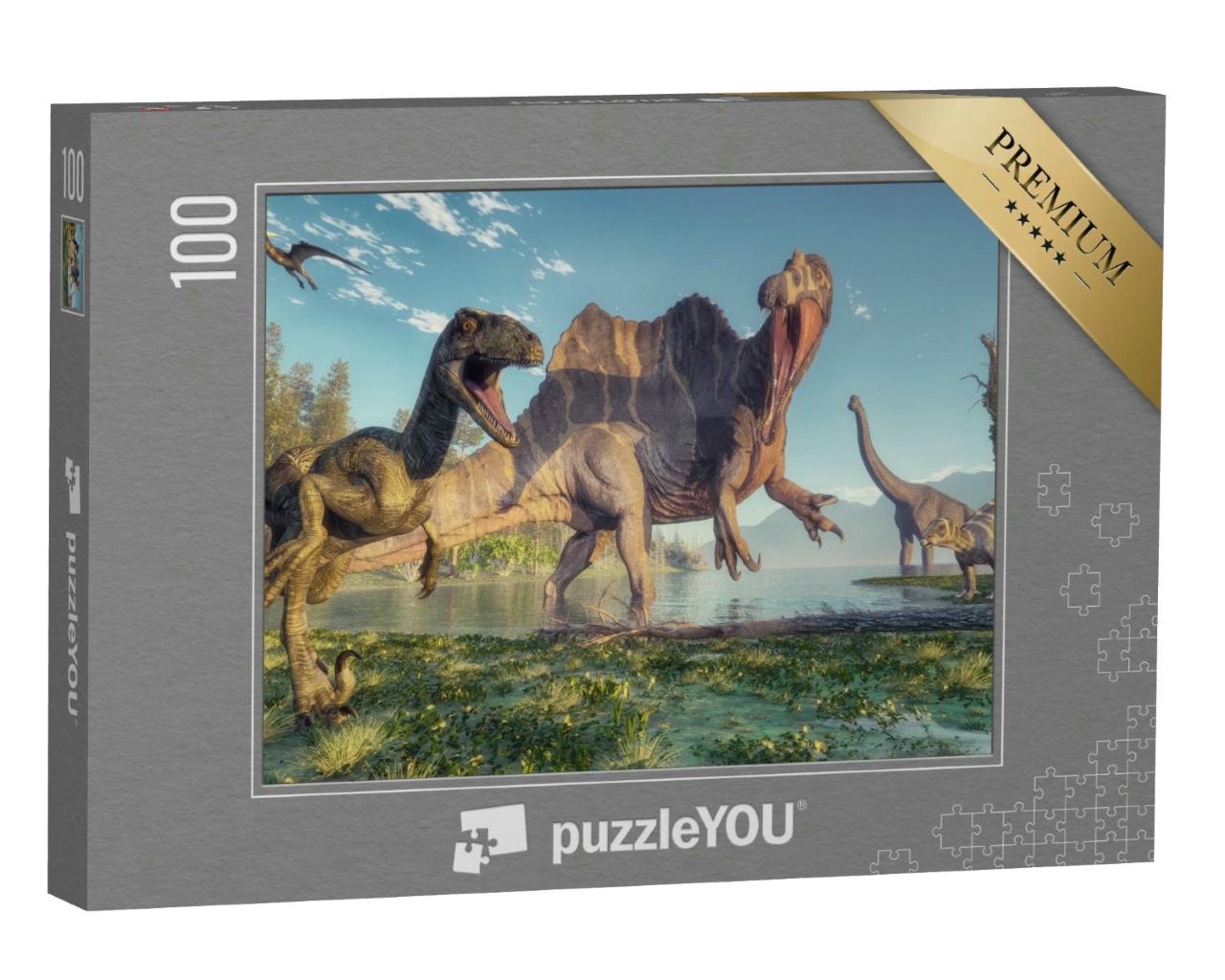 Puzzle 100 Teile „Spinosaurus und Deinonychus, Dschungel-Szene, 3D-Illustration“