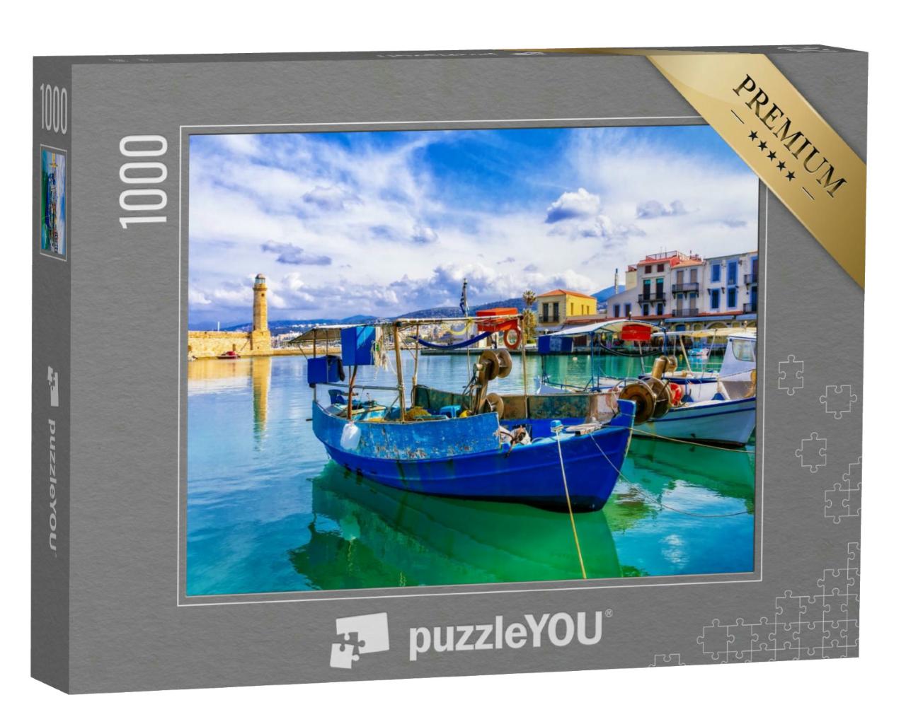 Puzzle 1000 Teile „Buntes Griechenland: Rethymnon mit Leuchtturm und Booten, Kreta“