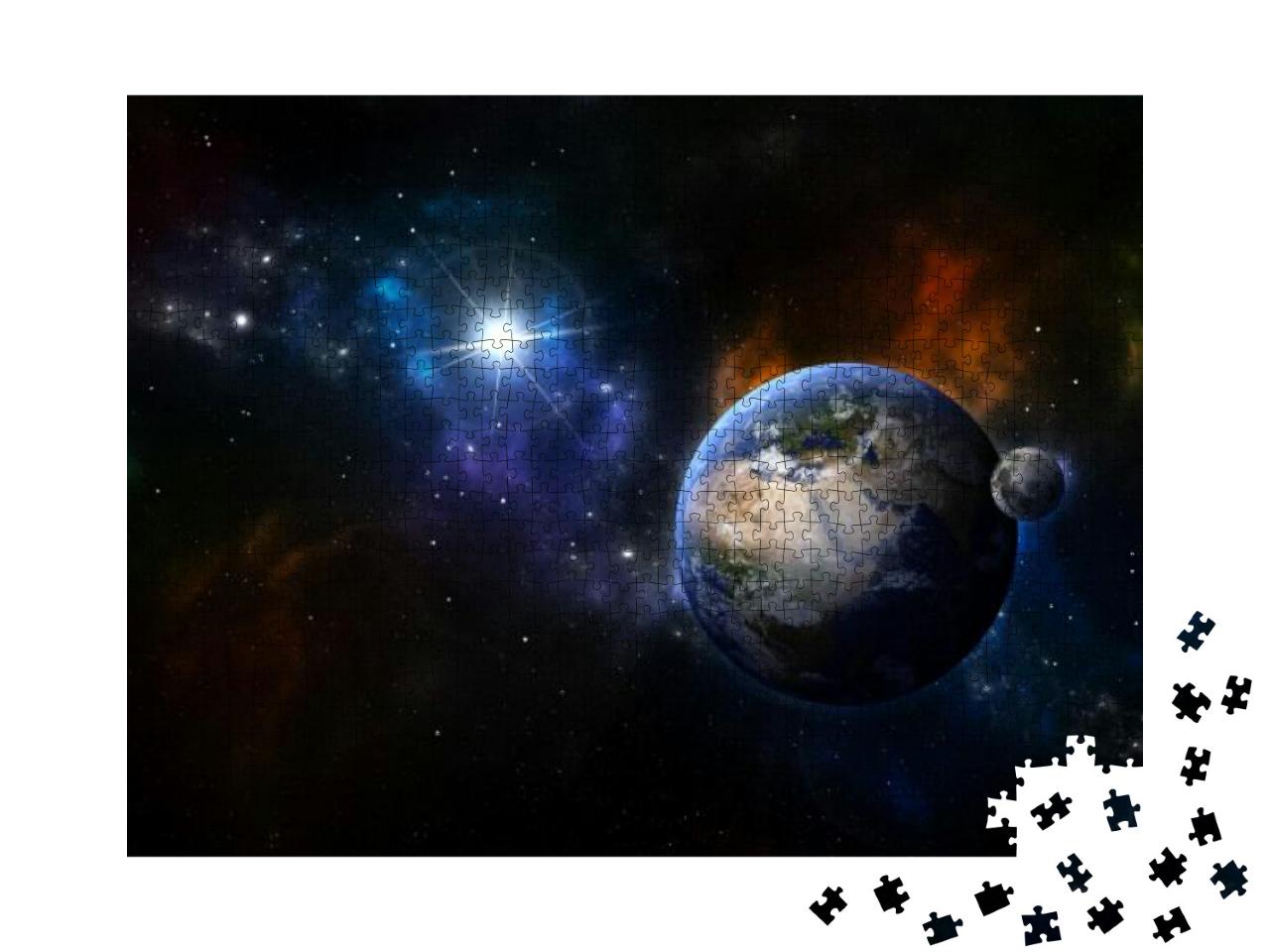 Puzzle 1000 Teile „Digitale Kunst: Erde und Mond im Sternennebel“