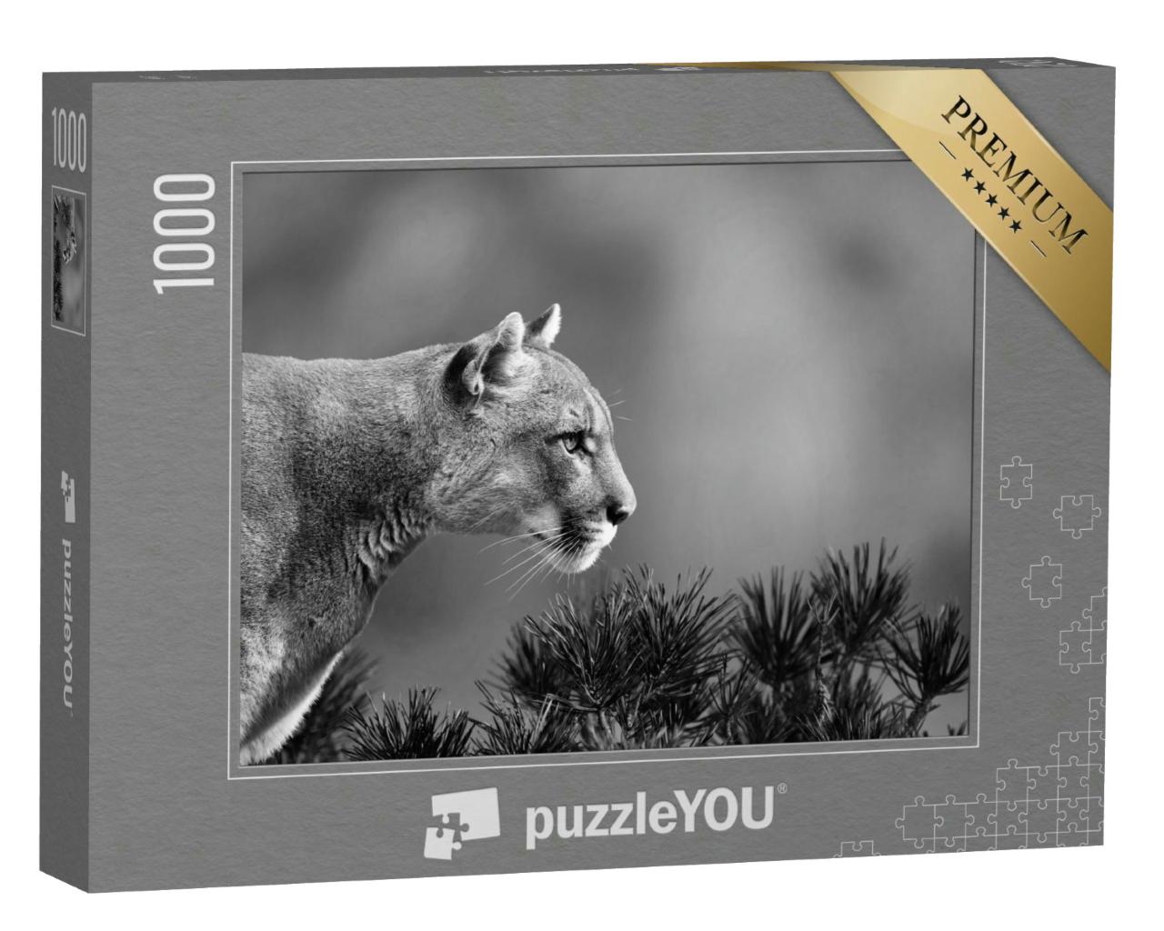 Puzzle 1000 Teile „Seitenportrait eines Pumas, schwarz-weiß“