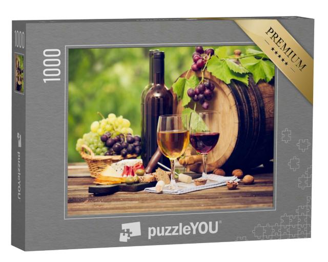 Puzzle 1000 Teile „Wein und Käse auf einem Holztisch, Weinfass, Gläser, Flaschen“
