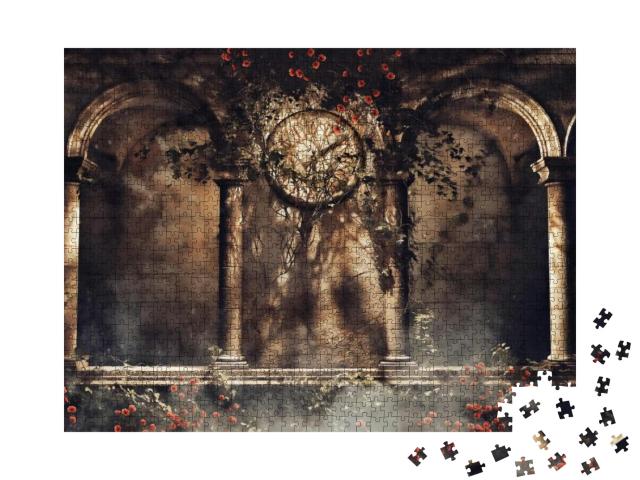 Puzzle 1000 Teile „Illustration: Alte gotische Bögen mit Weinreben, Rosen und einer alten Uhr“