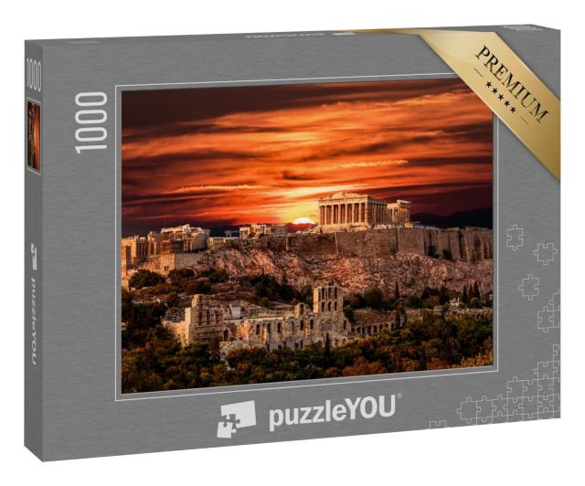 Puzzle 1000 Teile „Parthenon-Tempel auf der Akropolis von Athen unter dramatischen Sonnenuntergang, Griechenland“