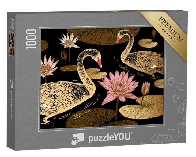 Puzzle 1000 Teile „Nahtloses Muster mit Vögeln, Schwänen, Blüten und Seerosenblättern Vektor-Illustrationskunst Vintage-Gravur“