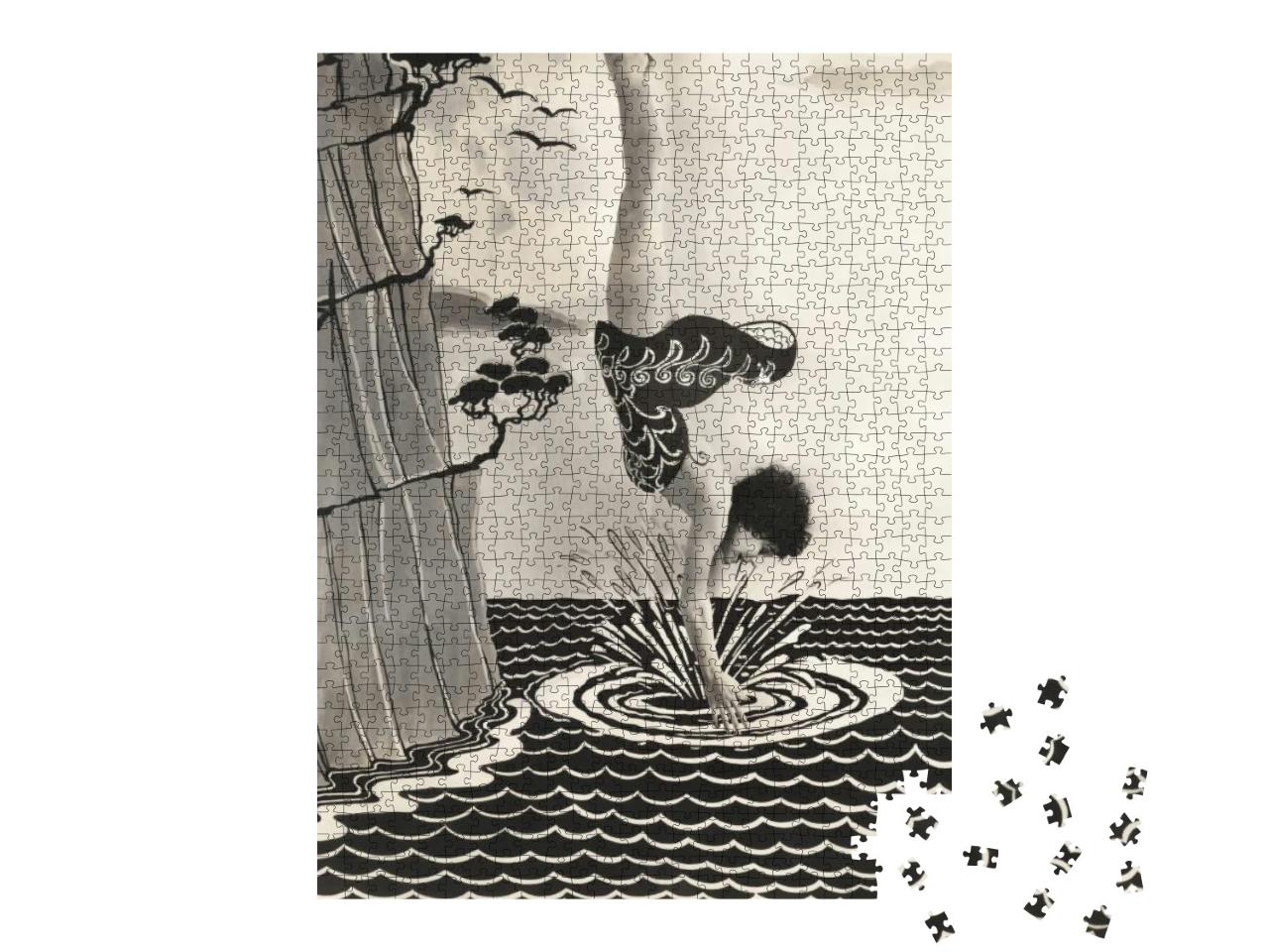 Puzzle 1000 Teile „Junge Frau taucht ins Wasser, Sprung vom Felsen, Illustration“