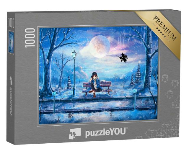 Puzzle 1000 Teile „Ein Anime-Mädchen sitzt in einem Park“