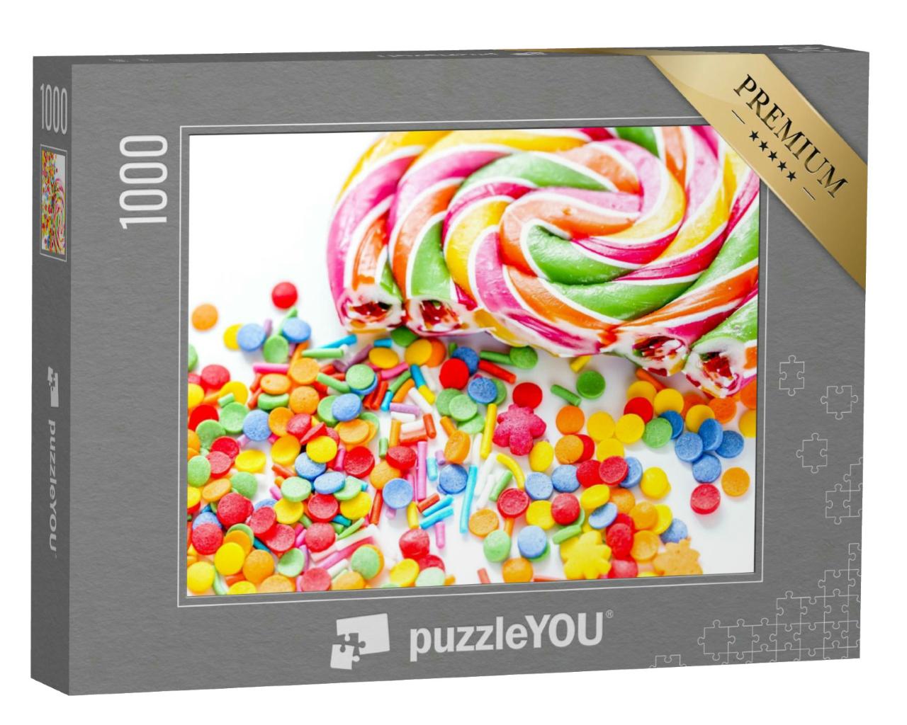 Puzzle 1000 Teile „Köstlicher Lutscher und Zuckerdekor auf weißem Hintergrund“