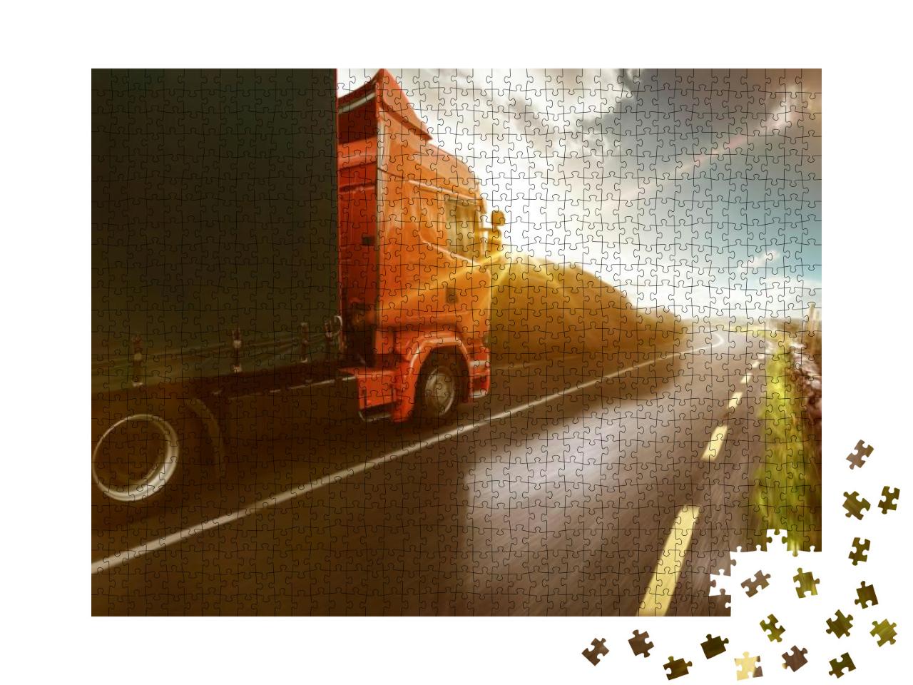 Puzzle 1000 Teile „LKW auf einer Straße rollt durch eine sonnige Landschaft“