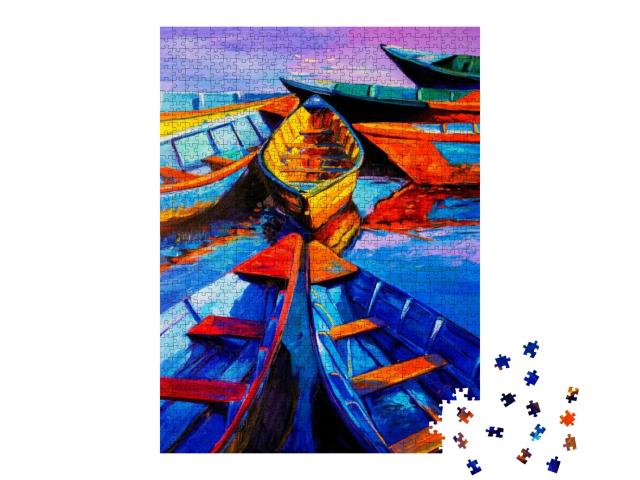 Puzzle 1000 Teile „Ölgemälde:Boote und Meer im Abendlicht, Impressionismus von Nikolov“