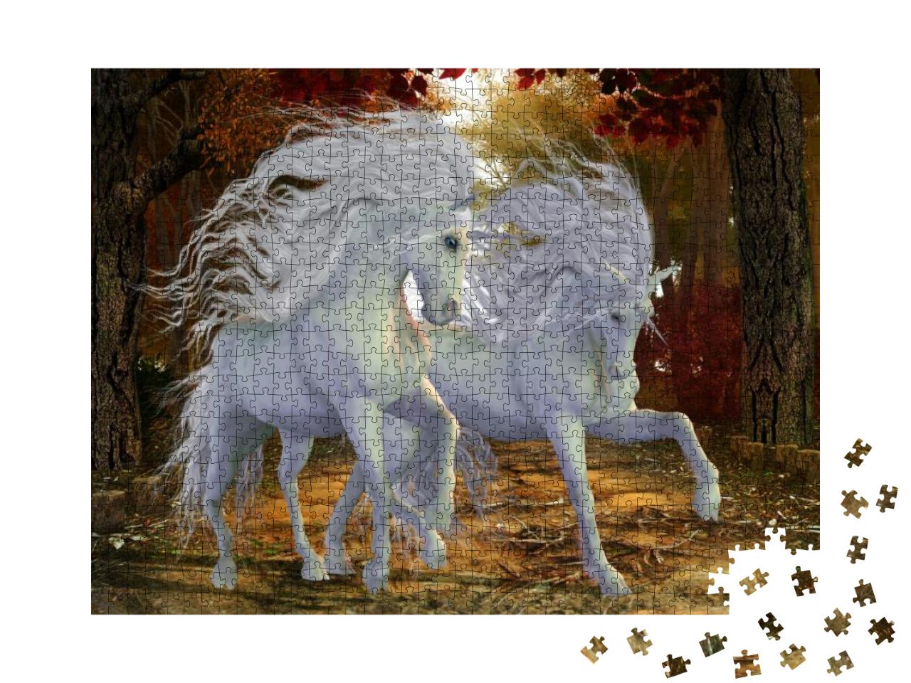 Puzzle 1000 Teile „Wunderschöne magische Einhornhirsche tänzeln auf einem Waldweg“