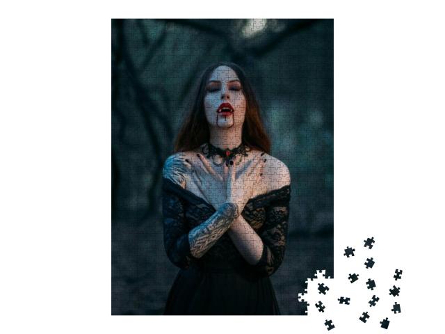 Puzzle 1000 Teile „Vampirfrau mit scharfen Reißzähnen, Blutstropfen auf roten Lippen“