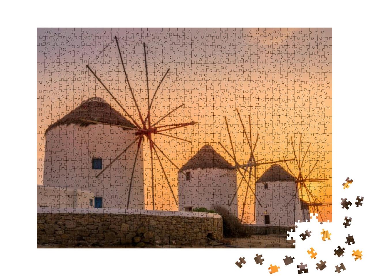 Puzzle 1000 Teile „Sonnenuntergang: Blick auf die traditionellen griechischen Windmühlen in Mykonos“