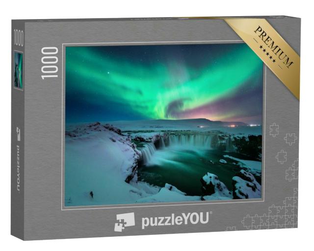 Puzzle 1000 Teile „Polarlichter über dem Godafoss-Wasserfalls im winterlichen Island“