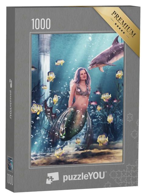Puzzle 1000 Teile „Digitale Kunst: Meerjungfrau mit ihrem Delfin“