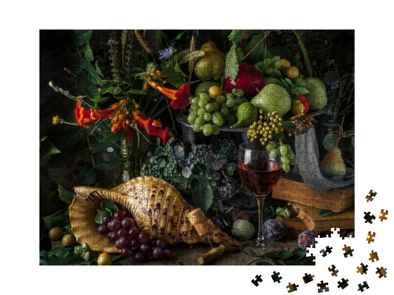Puzzle 1000 Teile „Klassisches Stillleben mit Obst und einem Glas Rotwein“