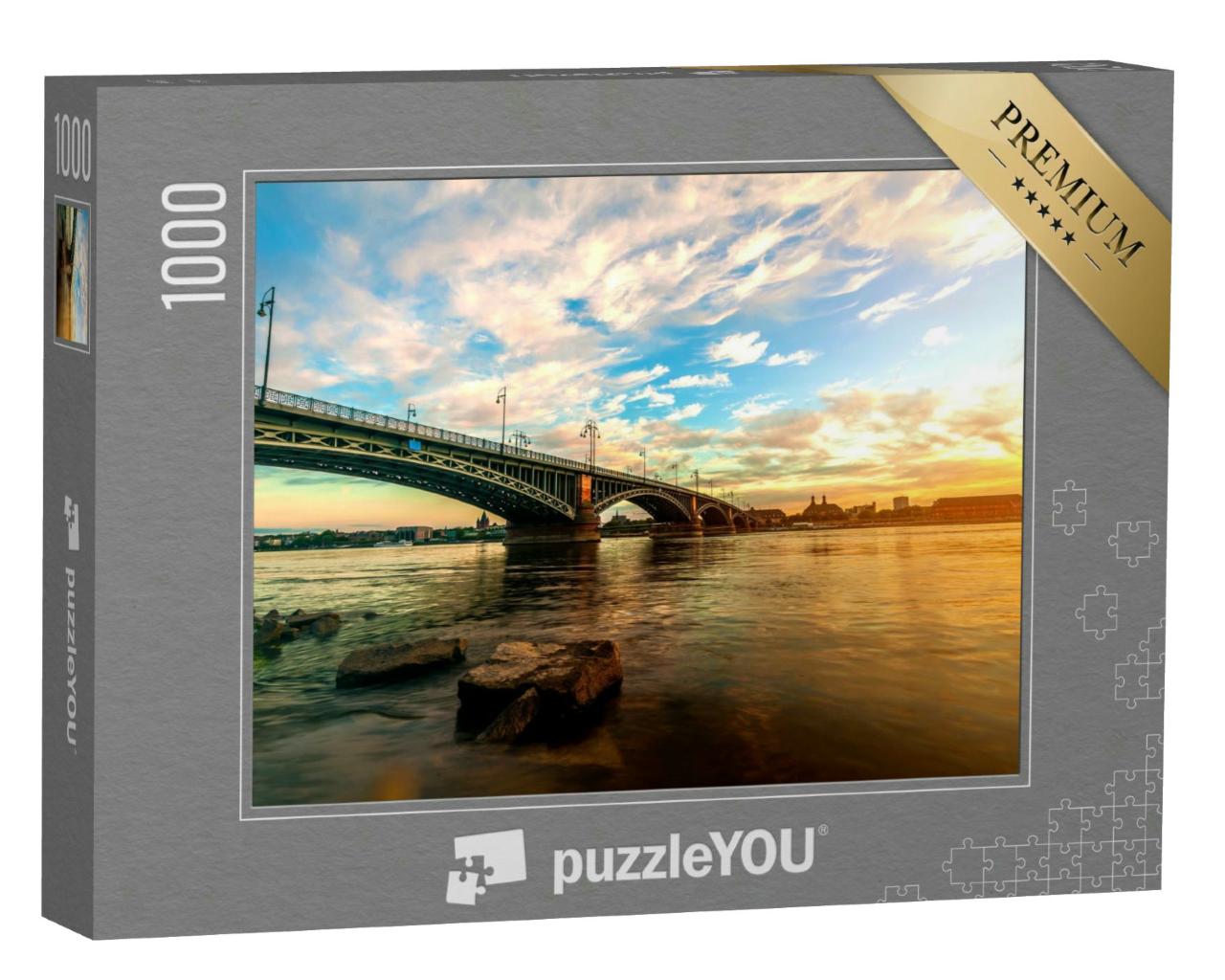 Puzzle 1000 Teile „Schöner Sonnenuntergang über der Rheinbrücke in Mainz“