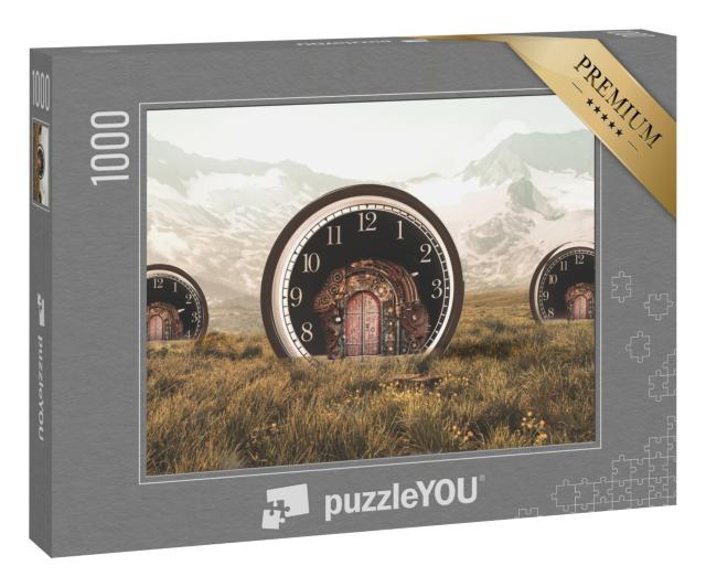 Puzzle 1000 Teile „Drei Uhren als Häuser mit Türen im Steampunk-Stil vor einem Gebirge“