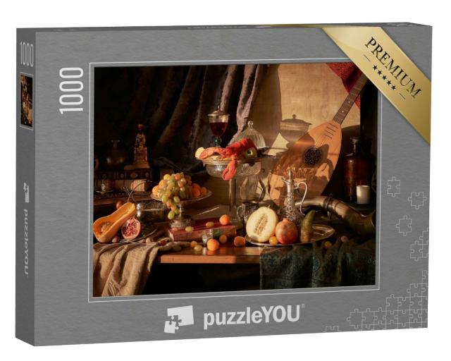 Puzzle 1000 Teile „Stillleben mit Hummer, Weinglas, Silbergeschirr, Früchten, Gitarrenlaute und Jagdhorn“