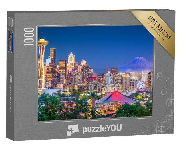 Puzzle 1000 Teile „Skyline von Seattle, Washington, USA, im Hintergrund Mount Rainier“