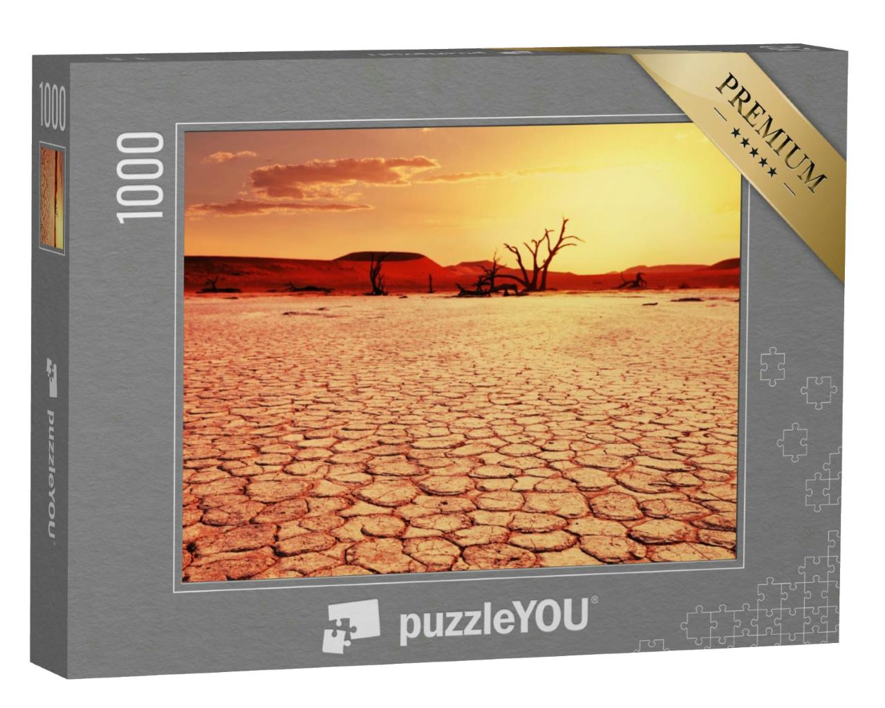 Puzzle 1000 Teile „Totes Tal in Namibia, vertrocknete Bäume, Boden aus Stein“