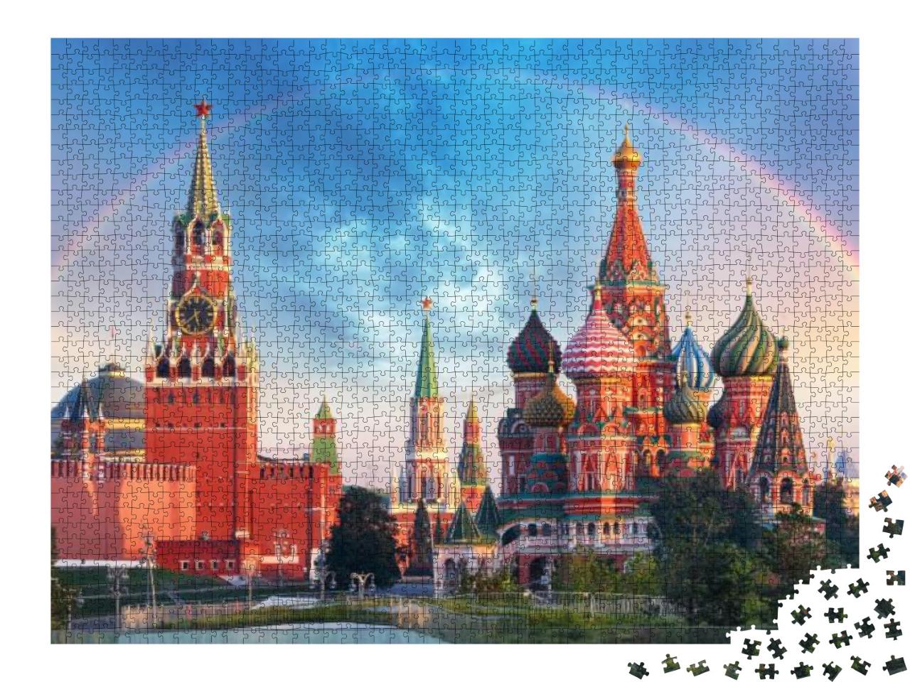 Puzzle 2000 Teile „Panoramablick auf den Roten Platz mit Moskauer Kreml und Regenbogen“