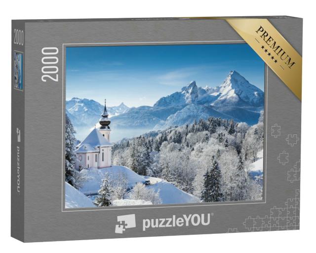 Puzzle 2000 Teile „Wallfahrtskirche und Watzmann-Gipfel im Winter, Berchtesgadener Land, Deutschland“