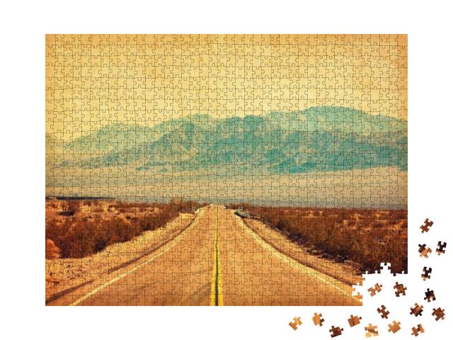 Puzzle 1000 Teile „Retrostil: Route 66 durch die Mojave-Wüste in Kalifornien, Vereinigte Staaten“